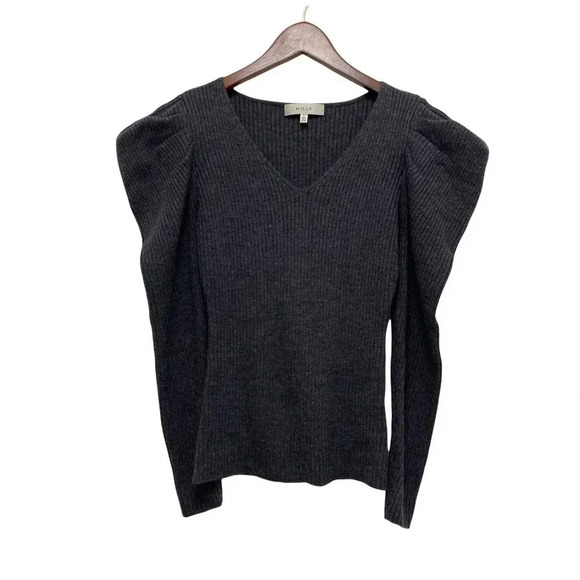 MILLY Isabella Puffed Shoulder Ribbed Wool Sweater Long Sleeve Gray Size 2 - Picture 4 of 10